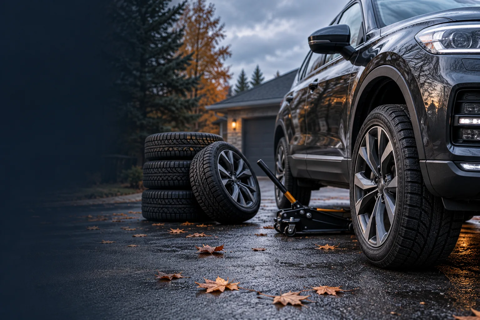 Illustrative SUV tire-change setup with wheels and a floor jack